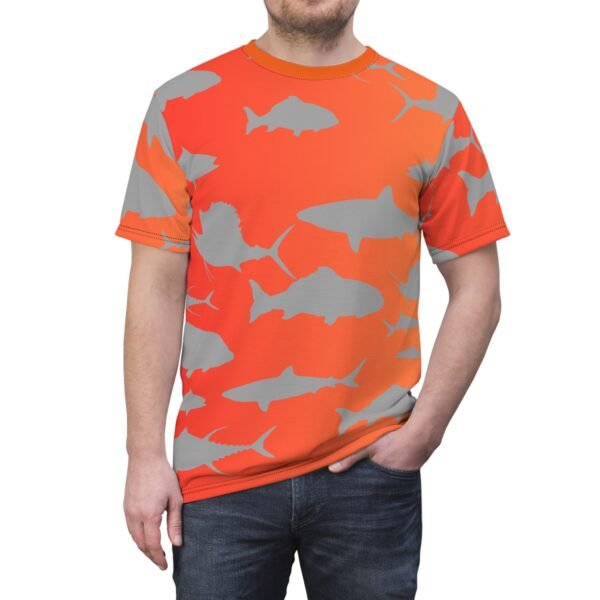 Orange Fade Fish Design Unisex Tee - Image 3